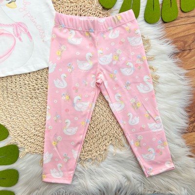 Conj. Blusa My Sweet Little  e Legging Cisnes- Rosa e Off White